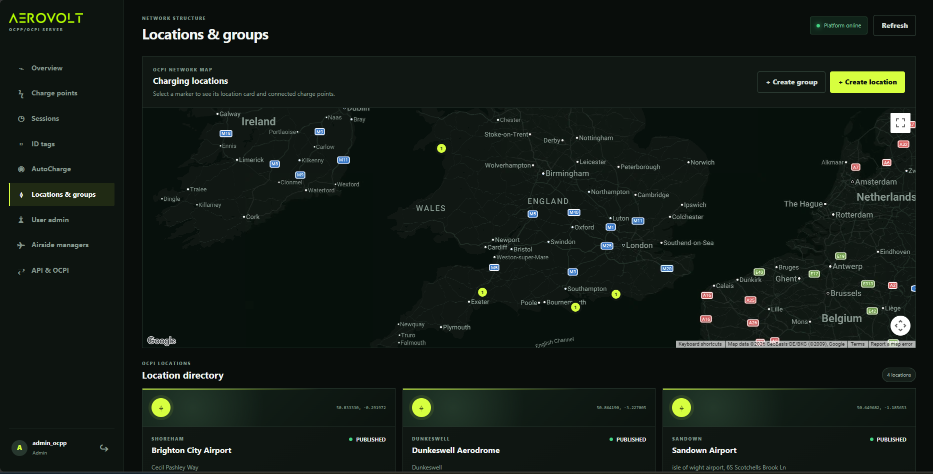 Airport Software Locations and groups screen with charging locations map and directory