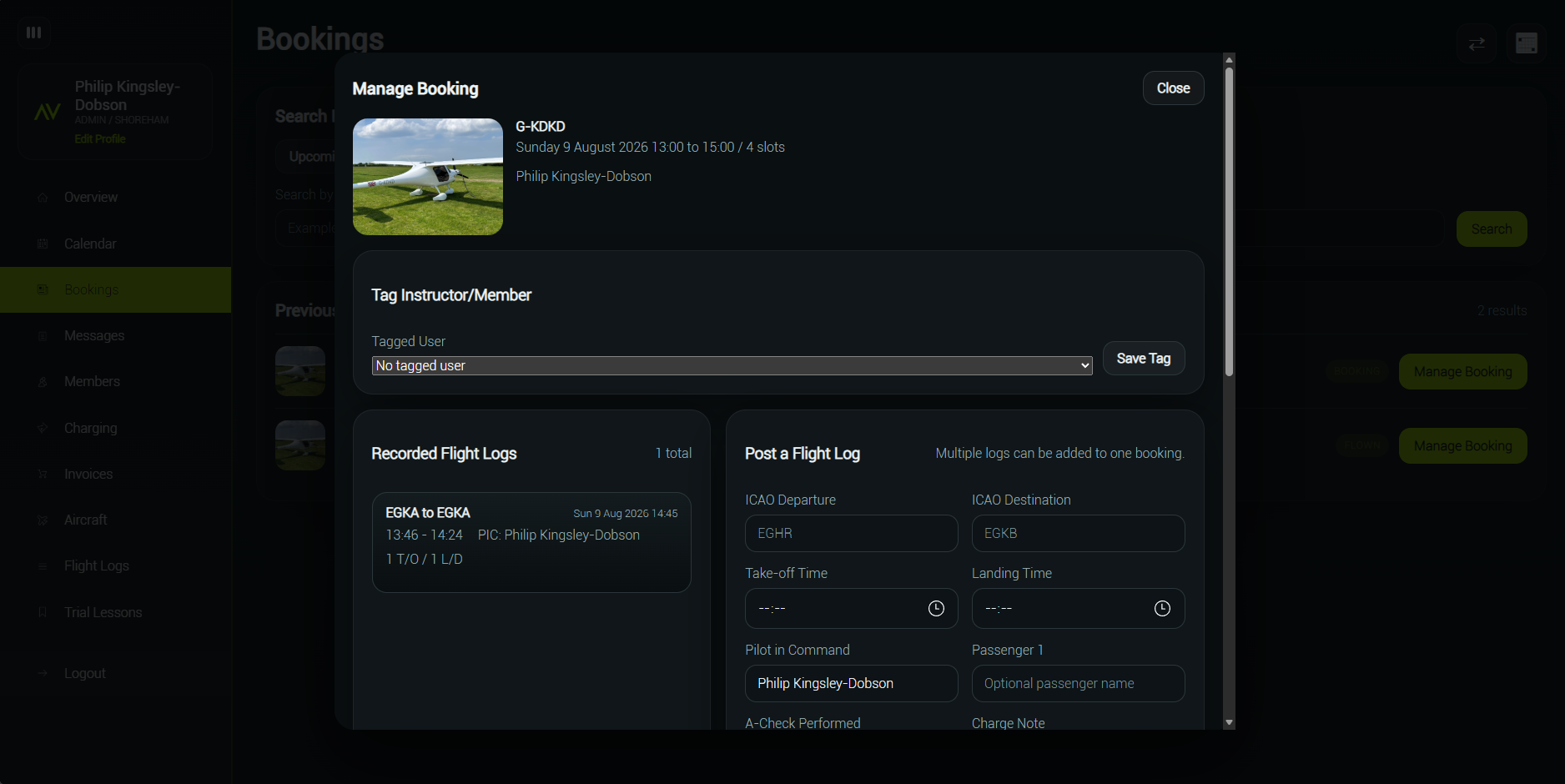 Squadron booking management with recorded flight logs