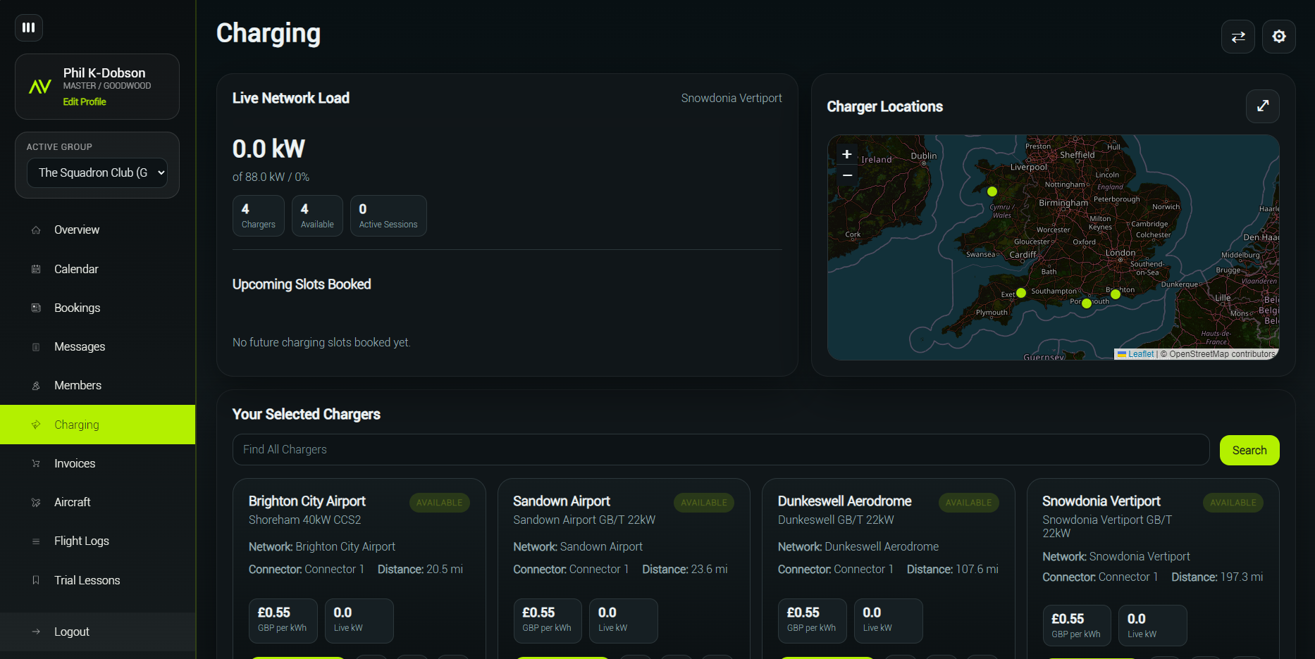 Squadron charging view with live network load and charger locations