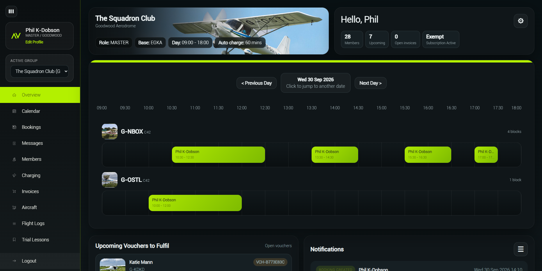 Squadron overview showing a club calendar, aircraft bookings and upcoming activity