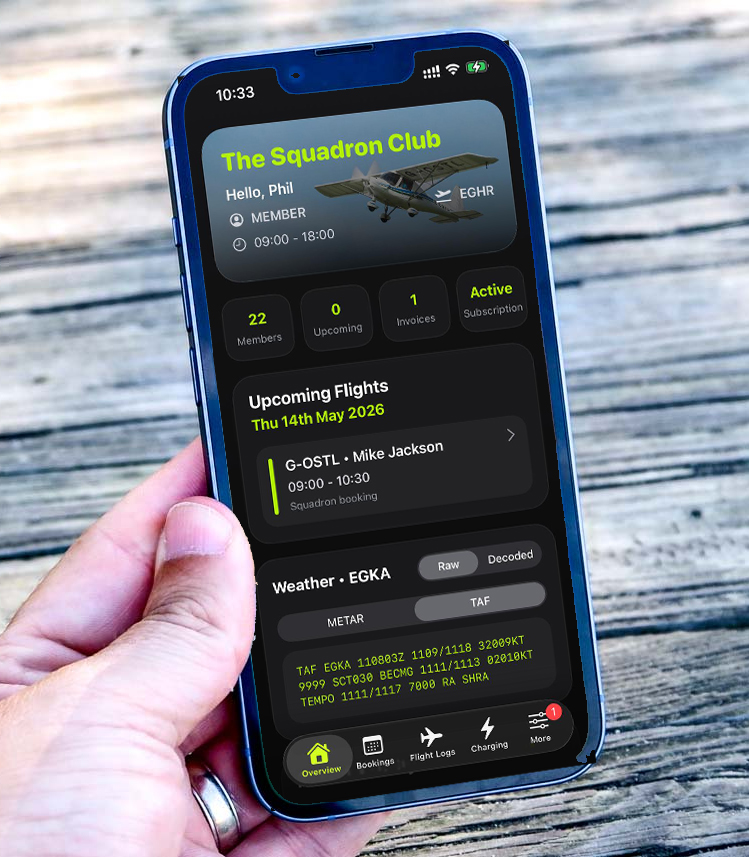 Squadron mobile app club overview displayed on a phone