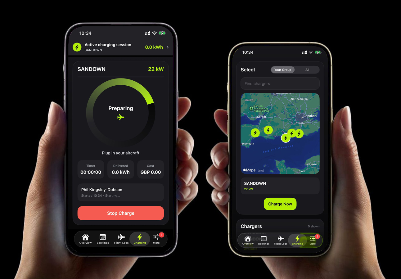 Two Squadron mobile app screens showing charging and charger selection