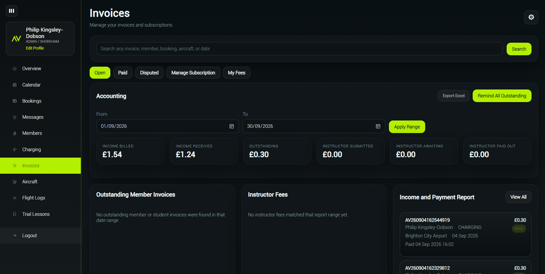 Squadron invoices area with invoice search and accounting totals